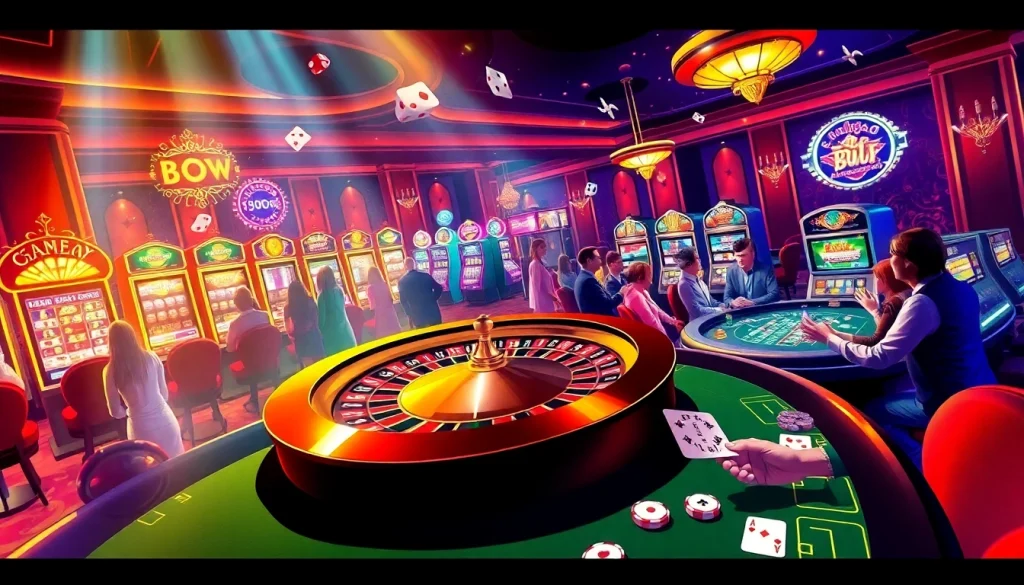Experience Kèo Nhà Cái 5 with players engaging in lively casino activities around poker and roulette tables.