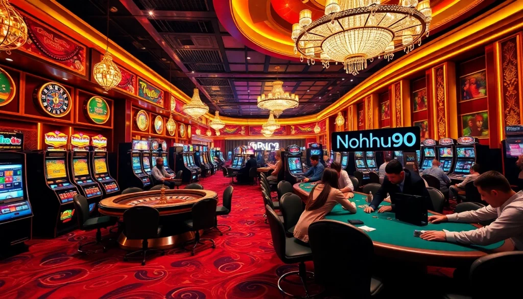 Nohu90 gaming excitement with players at roulette and poker tables in a vibrant casino atmosphere.
