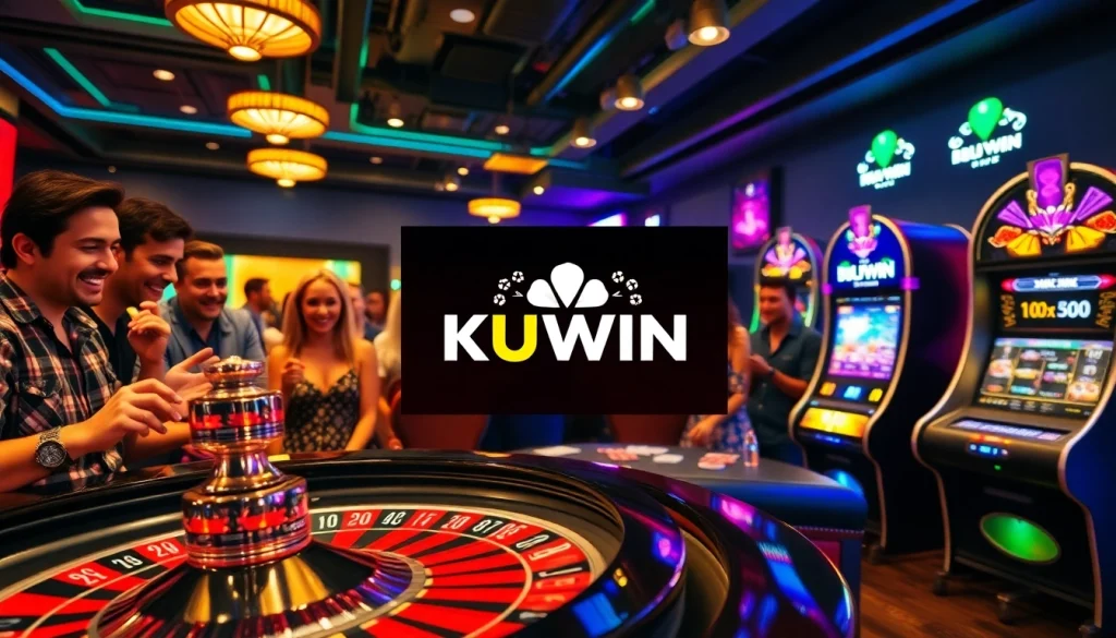 Experience the thrill of KUWIN at an exciting casino scene featuring players at roulette and vibrant slot machines.