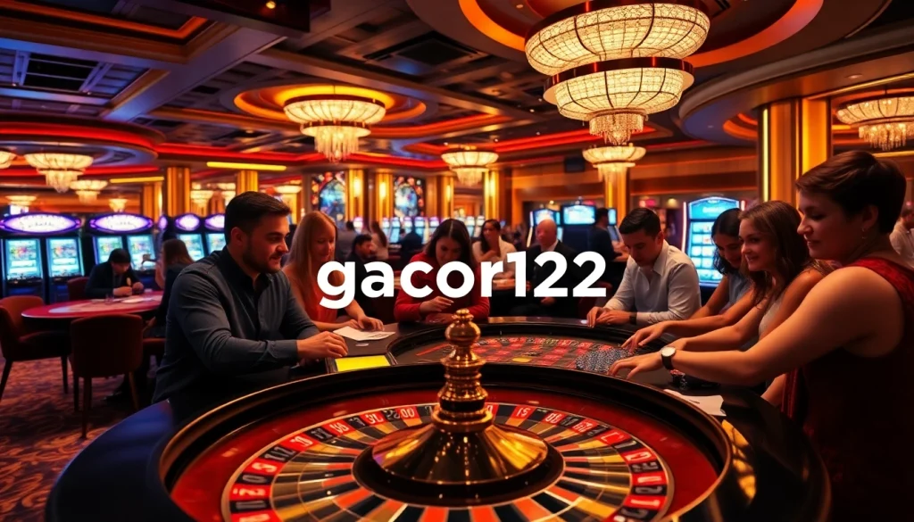 Experience gacor123 thrills at a lively casino featuring roulette and poker tables.