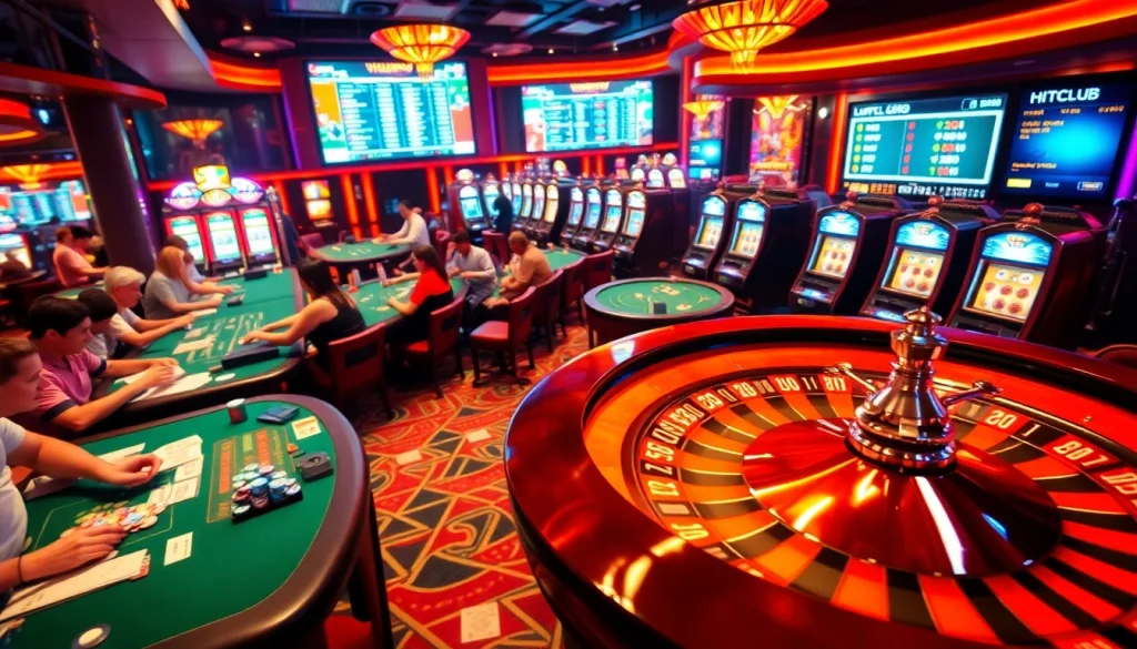 Experience the thrill of HITCLUB's vibrant casino floor, with players winning at poker and roulette.